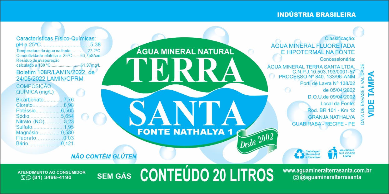 Rótulo do garrafão de 20 litros da Água Mineral Terra Santa